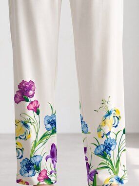 Susan Graver Off White Floral Border Wide Leg Pull-On Pants Liquid Knit M